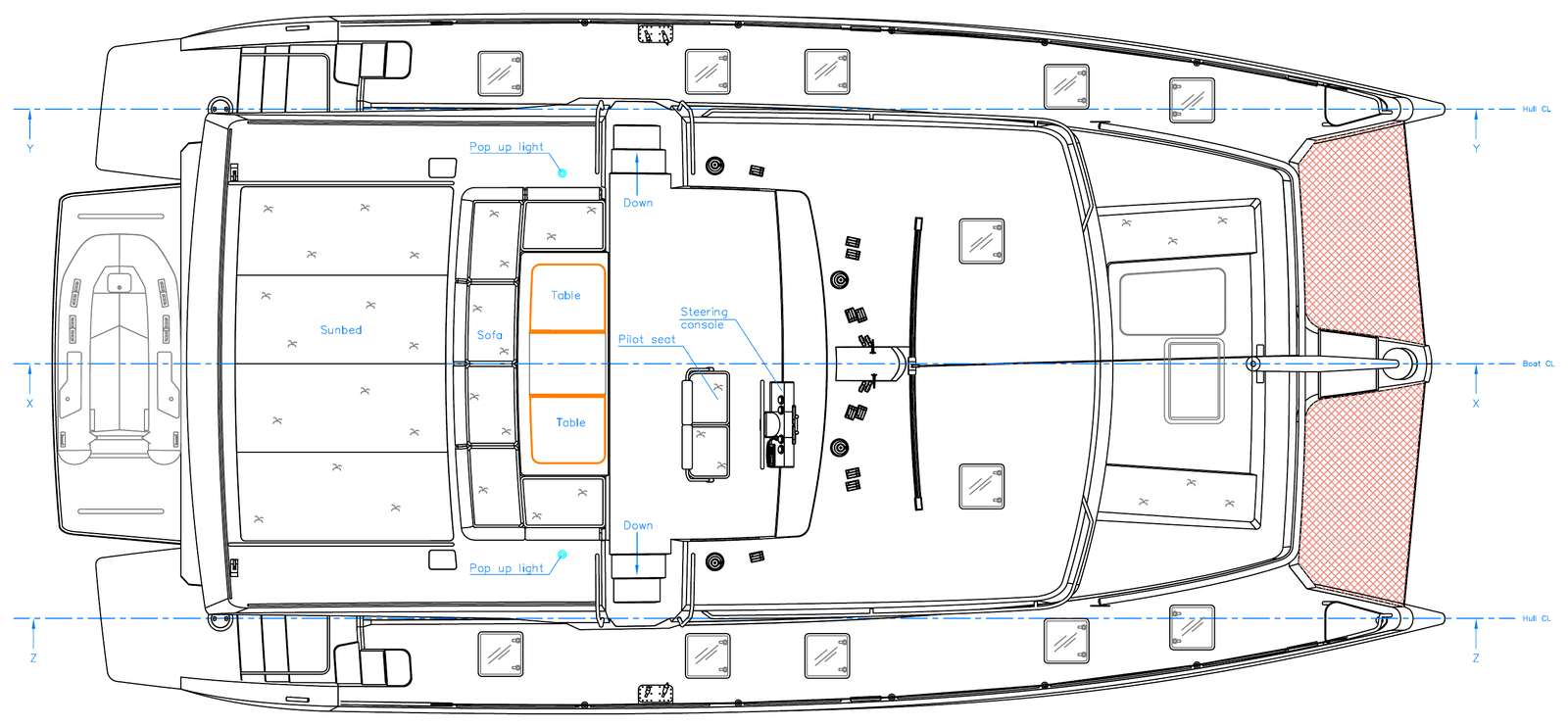 Flybridge plan of Good Ol' Days, showing the helm, two dining tables, sofa seating and the forward sunbed