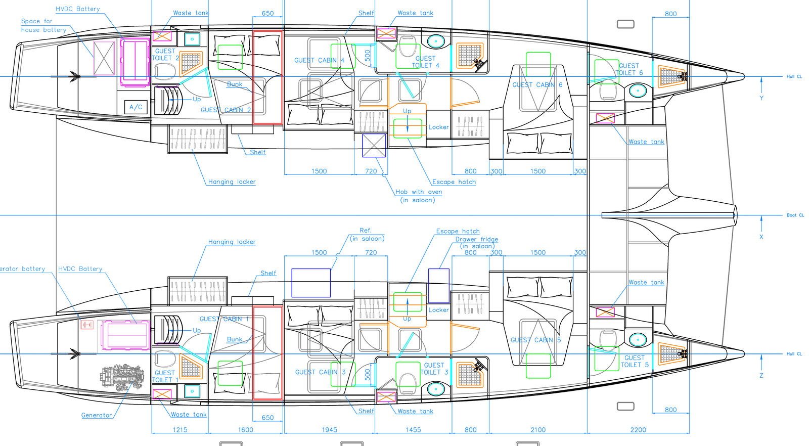 Lower deck plan of Good Ol' Days, showing the queen cabins and en-suite heads in both hulls