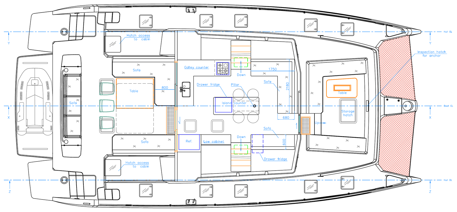 Main deck plan of the Island Spirit 525e catamaran Good Ol' Days, showing the salon, galley, aft cockpit dining and forward cockpit seating