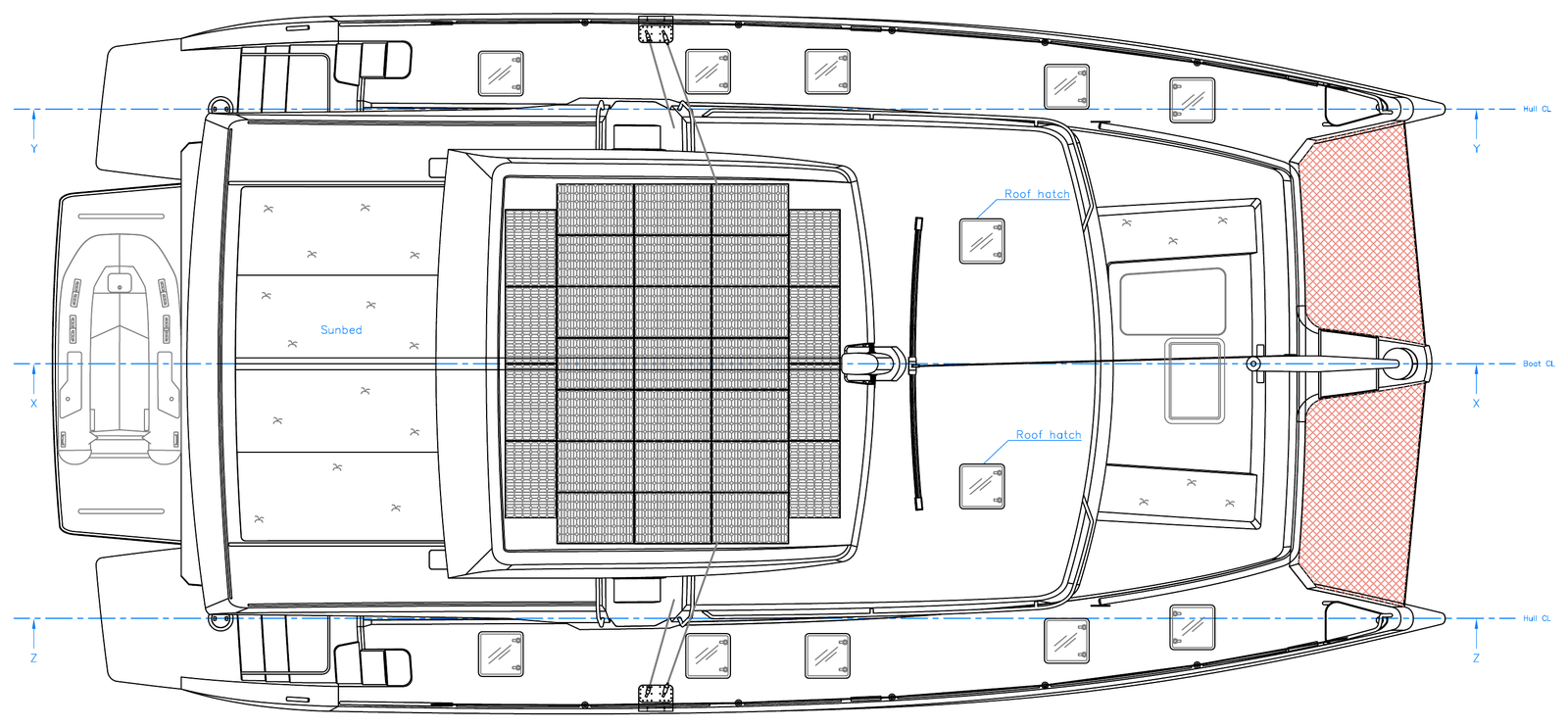 Overhead view of Good Ol' Days showing the hardtop solar array above the flybridge